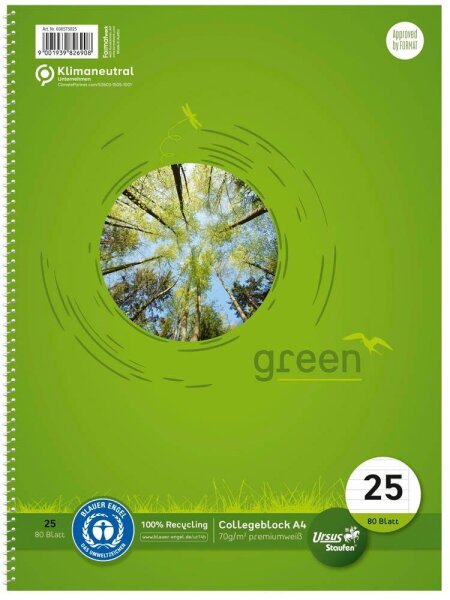 Ursus® Collegeblock green Lineatur 25 liniert DIN A4 Außenrand, 1 Block