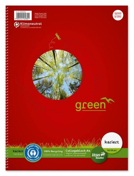 Ursus® Collegeblock green Kleinformat Lineatur 5 kariert DIN A5 Innenrand, 1 Block