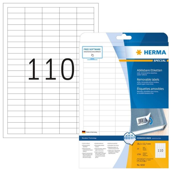HERMA Etiketten 4210 weiß 38,1 x 12,7 mm, 25 Blatt