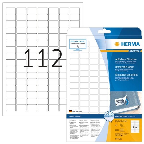 HERMA Etiketten 4211 weiß 25,4 x 16,9 mm, 25 Blatt