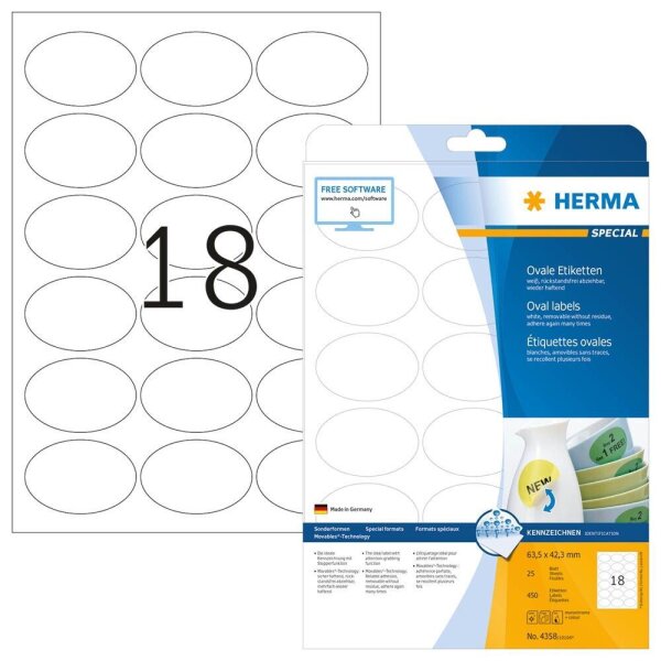 HERMA Etiketten 4358 weiß 63,5 x 42,3 mm, 25 Blatt