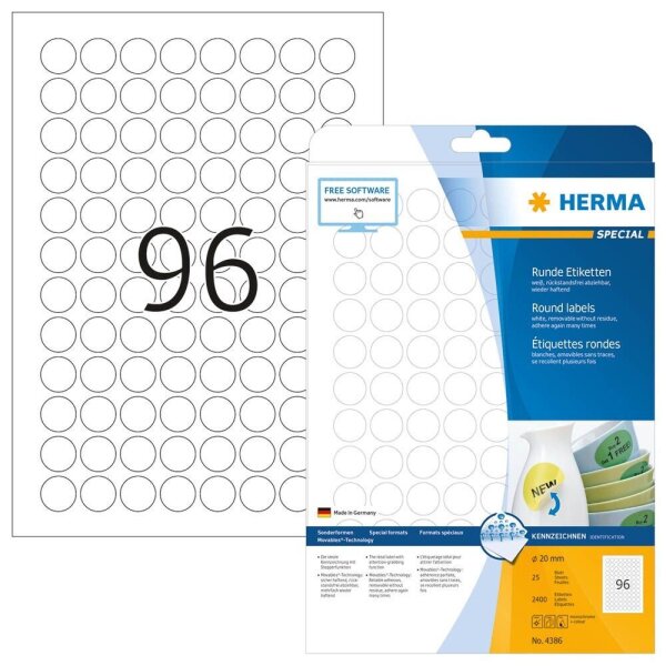 HERMA Etiketten 4386 weiß 20,0 x 20,0 mm, 25 Blatt