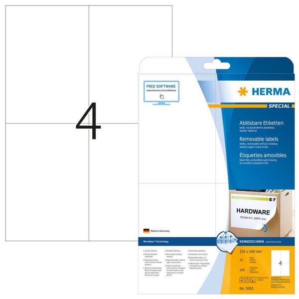 HERMA Etiketten 5082 weiß 105,0 x 148,0 mm, 25 Blatt