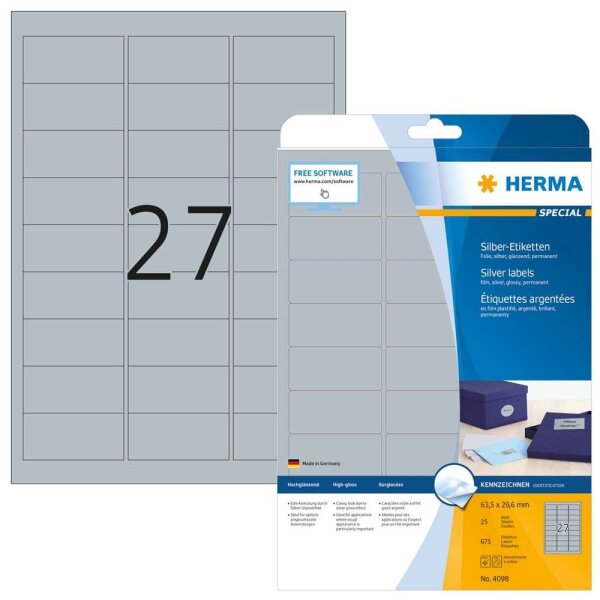 HERMA Folienetiketten 4098 silber 63,5 x 29,6 mm, 25 Blatt