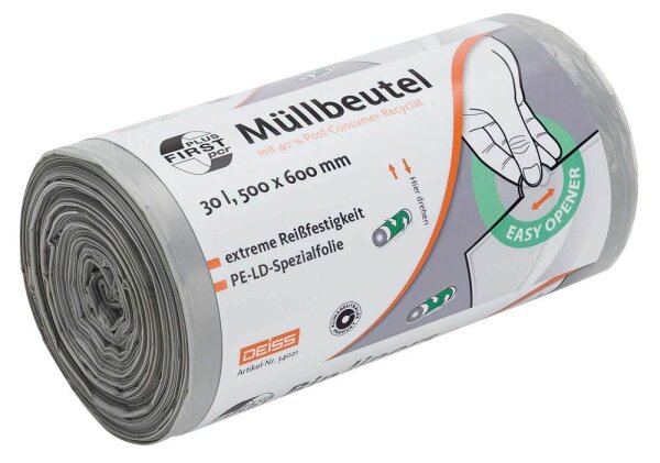 DEISS Müllbeutel FIRST PLUS pcr® 30,0 l grau 14 µm, 50 St.
