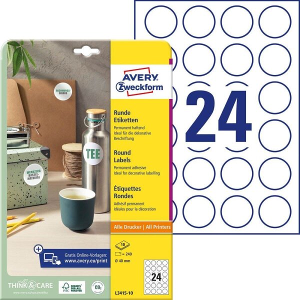 AVERY Zweckform Etiketten L3415-10 weiß 40,0  x 40,0 mm, 10 Blatt