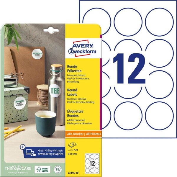 AVERY Zweckform Etiketten L3416-10 weiß 60,0 x 60,0 mm, 10 Blatt