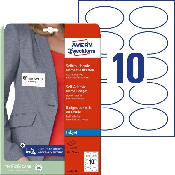 AVERY Zweckform Namensetiketten J4882-20 weiß 85,0 x 50,0 mm, 20 Blatt