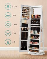 SONGMICS Schmuckschrank weiß 3 Fachböden mit Beleuchtung