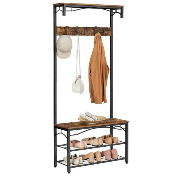 VASAGLE Garderobenbank mit Haken und Schuhrost HSR45BX braun, schwarz Metall 80,0 cm