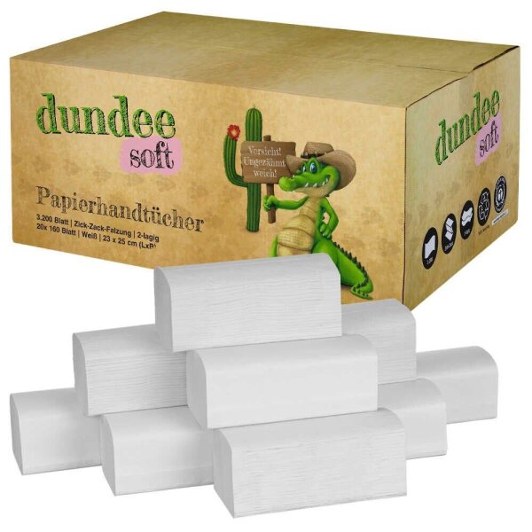 dundee Papierhandtücher 4012200 Zick-Zack-Falzung 2-lagig weiß, 3.200 Tücher