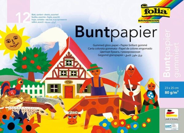 folia Buntpapier gummiert farbsortiert 80 g/qm 12 Blatt