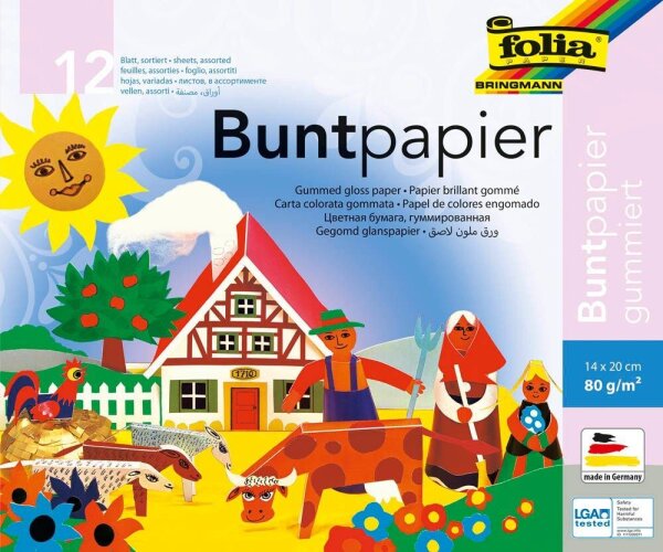 folia Buntpapier gummiert farbsortiert 80 g/qm 12 Blatt