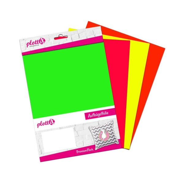 plottiX PremiumFlock Neon Bügelfolie farbsortiert Flock-Folie 20,0 x 30,0 cm,  4 St.