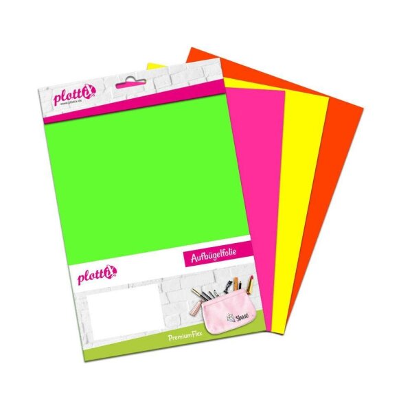 plottiX PremiumFlex Neon Bügelfolie farbsortiert Flex-Folie 20,0 x 30,0 cm,  4 St.