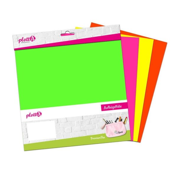 plottiX PremiumFlex Neon Bügelfolie farbsortiert Flex-Folie 30,0 x 30,0 cm,  4 St.