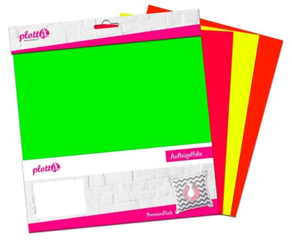 plottiX PremiumFlock Neon Bügelfolie farbsortiert Flock-Folie 30,0 x 30,0 cm,  4 St.