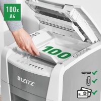 LEITZ IQ Autofeed Small Office 100 Aktenvernichter mit Partikelschnitt P-4, 4 x 28 mm, bis 100 Blatt, weiß