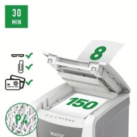 LEITZ IQ Autofeed Small Office 150 Aktenvernichter mit Partikelschnitt P-4, 4 x 28 mm, bis 150 Blatt, weiß