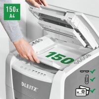 LEITZ IQ Autofeed Small Office 150 Aktenvernichter mit Partikelschnitt P-4, 4 x 28 mm, bis 150 Blatt, weiß