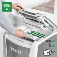 LEITZ IQ Autofeed Small Office 300 Aktenvernichter mit Partikelschnitt P-4, 4 x 26 mm, bis 300 Blatt, weiß