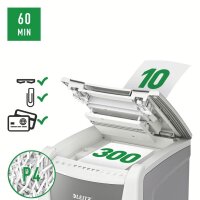 LEITZ IQ Autofeed Small Office 300 Aktenvernichter mit Partikelschnitt P-4, 4 x 26 mm, bis 300 Blatt, weiß