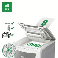 LEITZ IQ Autofeed Small Office 300 Aktenvernichter mit Partikelschnitt P-5, 2 x 15 mm, bis 300 Blatt, weiß