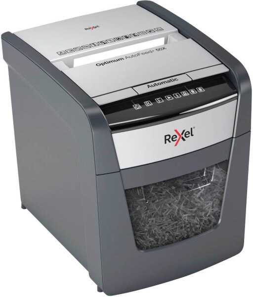 Rexel Optimum AutoFeed+ 50X Aktenvernichter mit Partikelschnitt P-4, 4 x 28 mm, bis 50 Blatt, schwarz