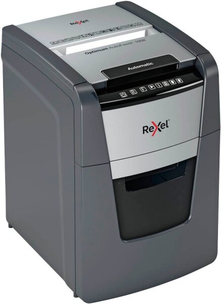 Rexel Optimum AutoFeed+100X Aktenvernichter mit Partikelschnitt P-4, 4 x 28 mm, bis 100 Blatt, schwarz