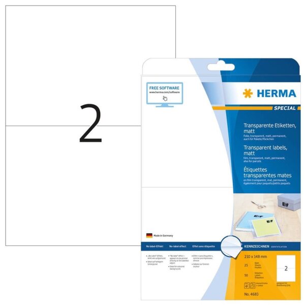HERMA Folienetiketten 4683 transparent 210,0 x 148,0 mm, 25 Blatt