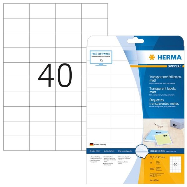HERMA Folienetiketten 4684 transparent 52,5 x 29,7 mm, 25 Blatt