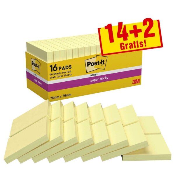 14 + 2 GRATIS: Post-it® Super Sticky Notes Haftnotizen extrastark 654 gelb, 14 Blöcke + GRATIS 2 Blöcke
