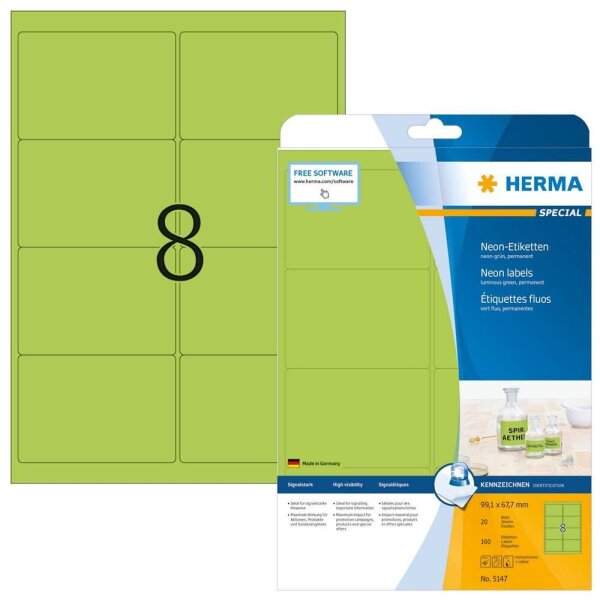 HERMA Etiketten 5147 grün 99,1 x 67,7 mm, 20 Blatt