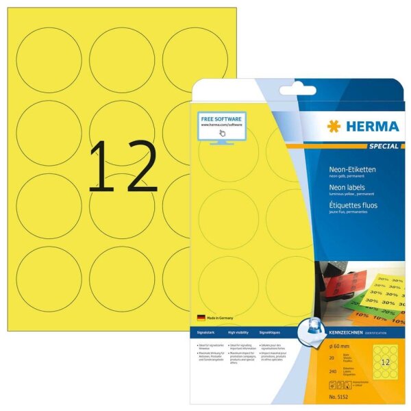 HERMA Etiketten 5152 gelb 60,0 x 60,0 mm, 20 Blatt