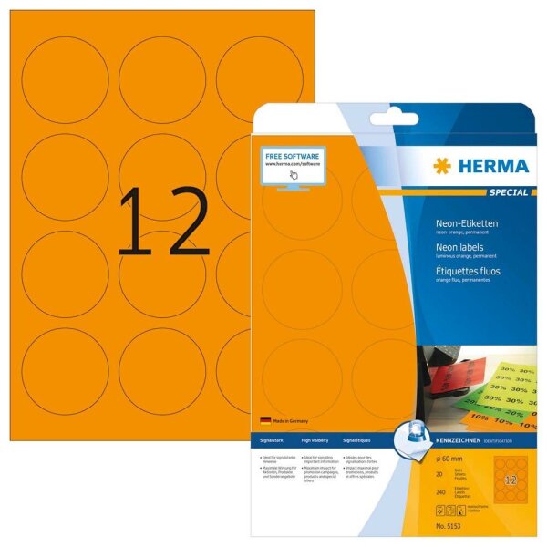 HERMA Etiketten 5153 orange 60,0 x 60,0 mm, 20 Blatt