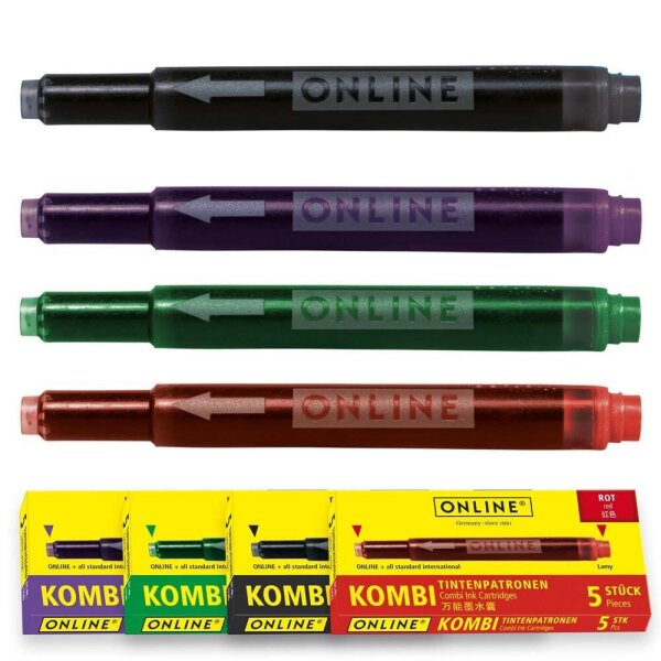 ONLINE® Tintenpatronen für Füller 17026 5x lila, 5x grün, 5x schwarz, 5x rot, 20 St.