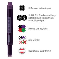ONLINE® Tintenpatronen für Füller 17026 5x lila, 5x grün, 5x schwarz, 5x rot, 20 St.
