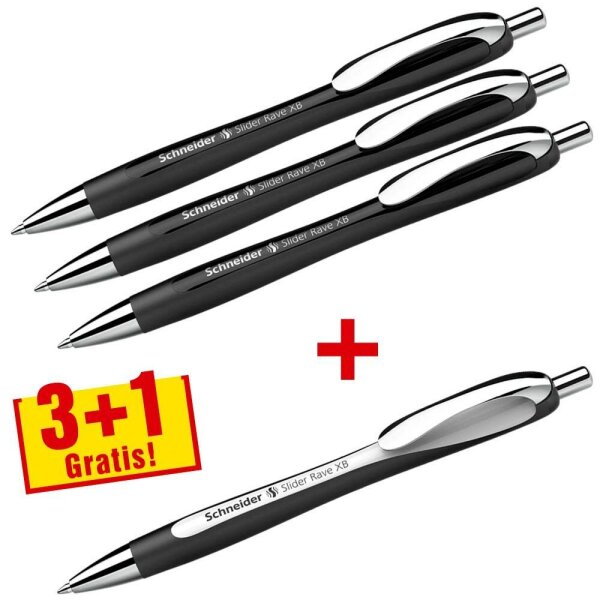 3 + 1 GRATIS: Schneider Kugelschreiber Slider Rave XB schwarz, Schreibfarbe: blau, 3 St. + GRATIS 1 Slider Rave XB schwarz
