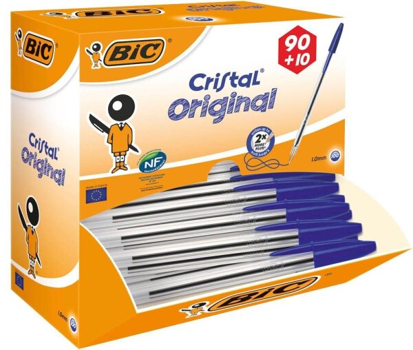 90 + 10 GRATIS: BIC Kugelschreiber Cristal® Original transparent, Schreibfarbe: blau, 90 St. + GRATIS 10 St.