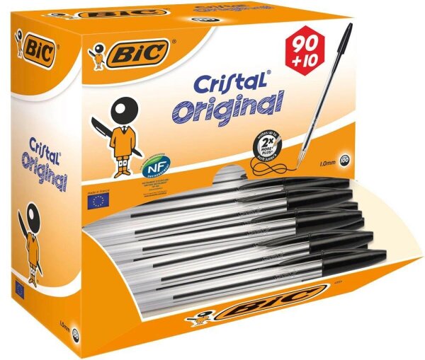 90 + 10 GRATIS: BIC Kugelschreiber Cristal® Original transparent, Schreibfarbe: schwarz, 90 St. + GRATIS 10 St.