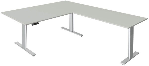 Kerkmann Move 3 tube elektrisch höhenverstellbarer Schreibtisch lichtgrau L-Form, T-Fuß-Gestell silber 200,0 x 100,0 cm