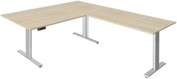 Kerkmann Move 3 tube elektrisch höhenverstellbarer Schreibtisch ahorn L-Form, T-Fuß-Gestell silber 200,0 x 100,0 cm
