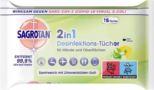 SAGROTAN® Desinfektionstücher 2in1 1-lagig weiß, 15 Tücher