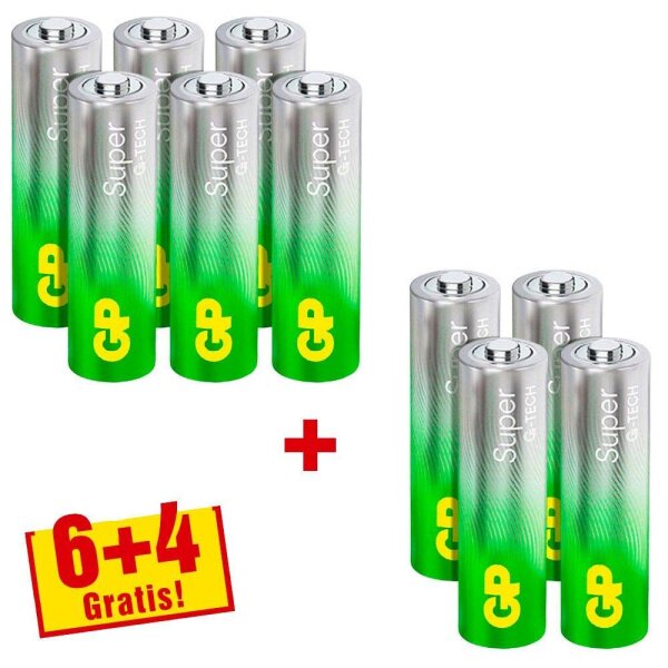 6 + 4 GRATIS: GP Batterien SUPER Alkali-Mangan Mignon AA 1,5 V, 6 St. + GRATIS 4 St.