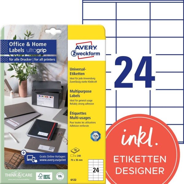 AVERY Zweckform Etiketten 6122 weiß 70,0 x 36,0 mm, 10 Blatt