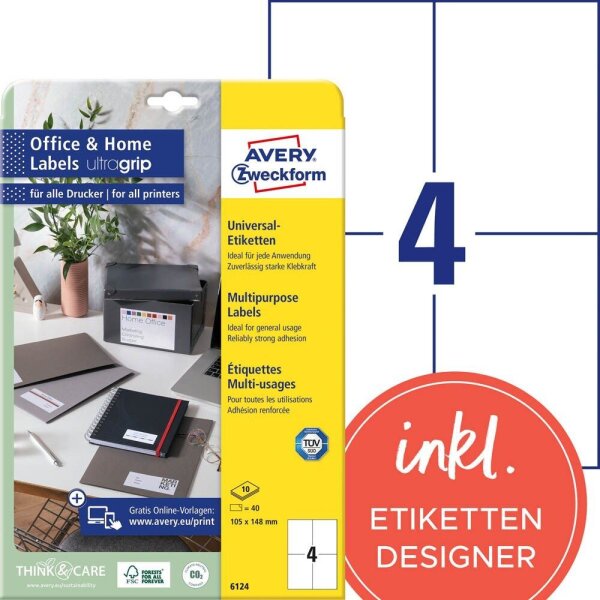 AVERY Zweckform Etiketten 6124 weiß 105,0 x 148,0 mm, 10 Blatt