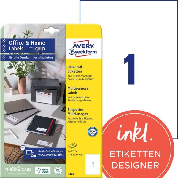 AVERY Zweckform Etiketten 6125 weiß 210,0 x 297,0 mm, 10 Blatt