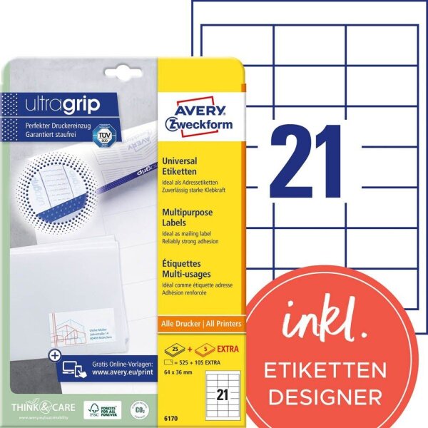 AVERY Zweckform Etiketten 6170 weiß 64,0 x 36,0 mm, 30 Blatt