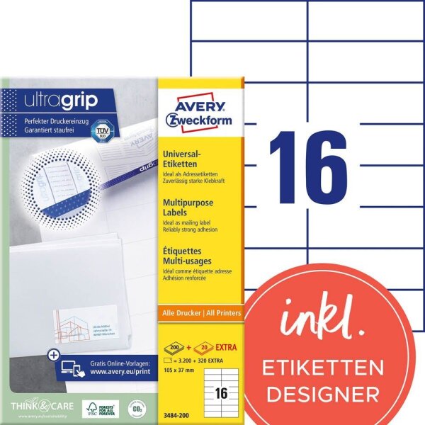 AVERY Zweckform Etiketten 3484-200 weiß 105,0 x 37,0 mm, 220 Blatt