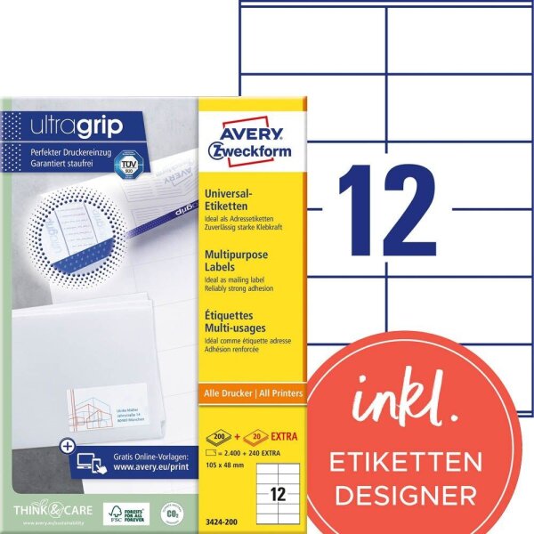 AVERY Zweckform Etiketten 3424-200 weiß 105,0 x 48,0 mm, 220 Blatt